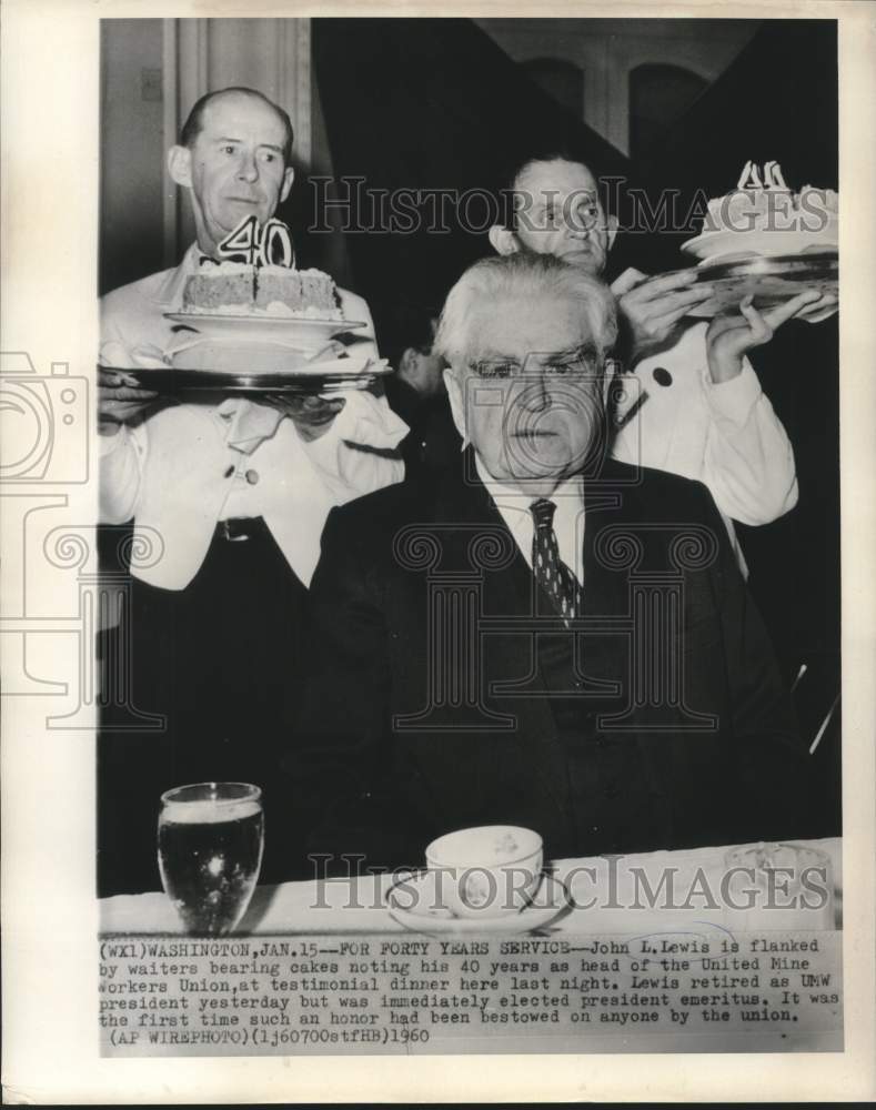 Load image into Gallery viewer, 1960 Press Photo John L. Lewis flanked by waiters with cakes at testimony dinner
