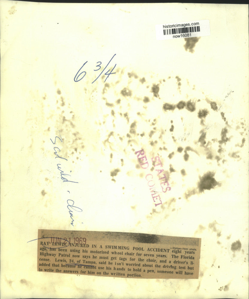 1969 Press Photo Ray Lewis, injured in swimming pool accident uses wheelchair