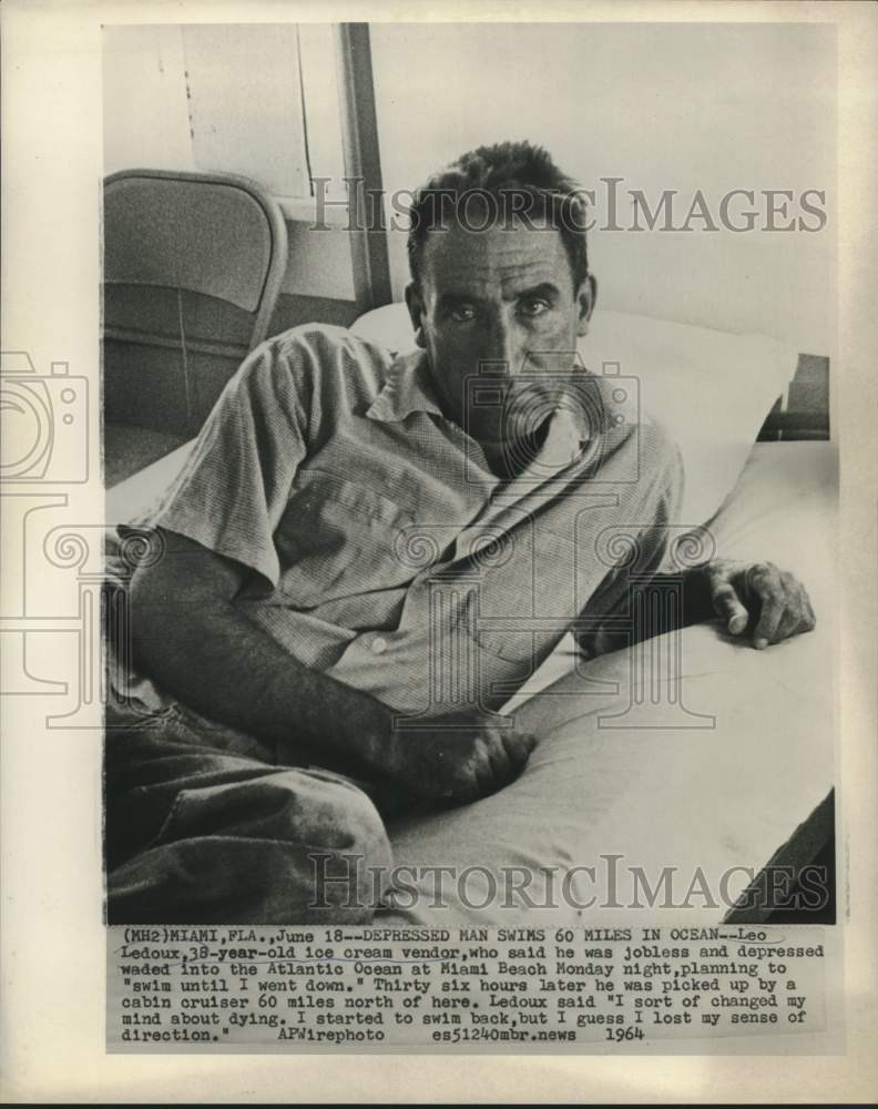 1964 Press Photo Leo Ledoux swims 60 miles in Atlantic Ocean - now16128