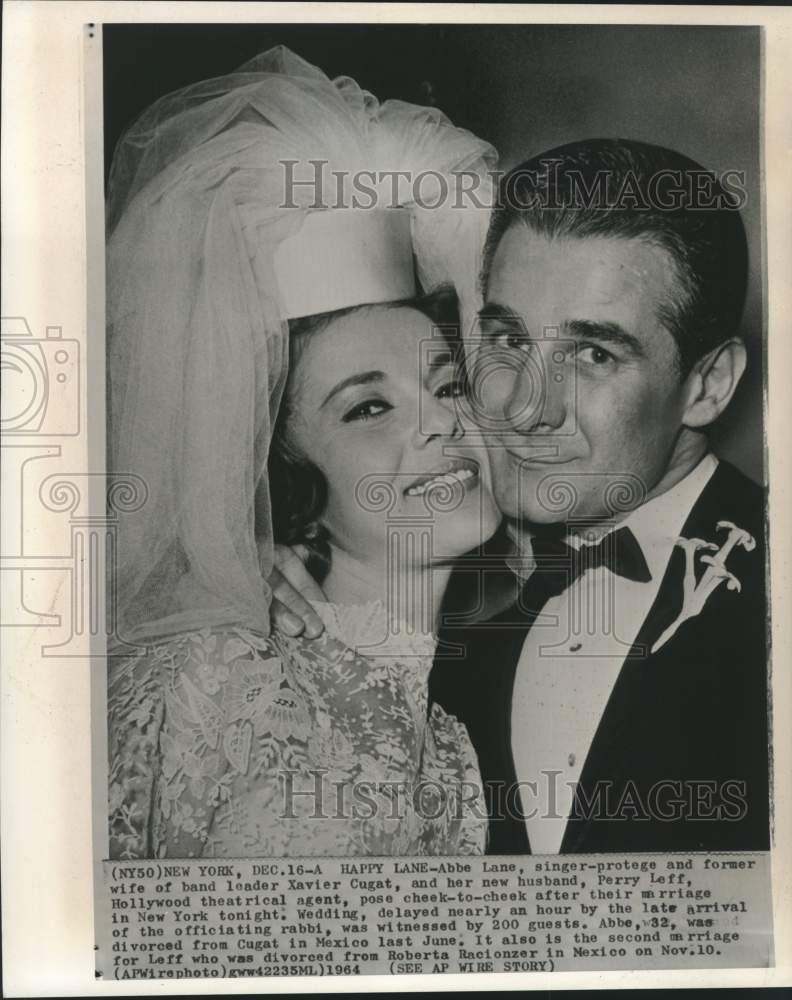 1964 Press Photo Singer Abbe Lane and Hollywood agent Perry Leff married in NY