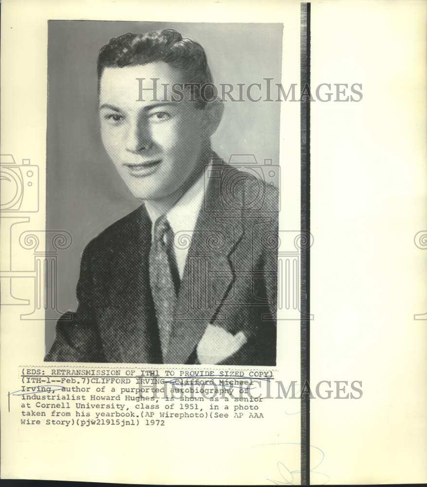 1951 Press Photo Cornell University yearbook photo of writer Clifford Irving.