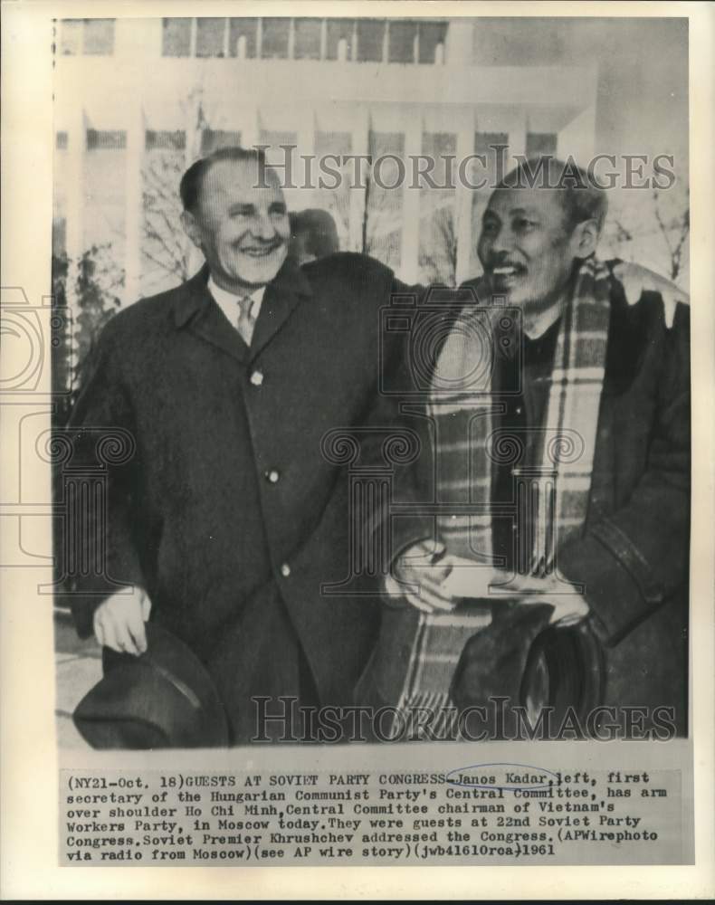1961 Press Photo Hungary's Janos Kadar and Vietnam's Ho Chi Minh in Moscow