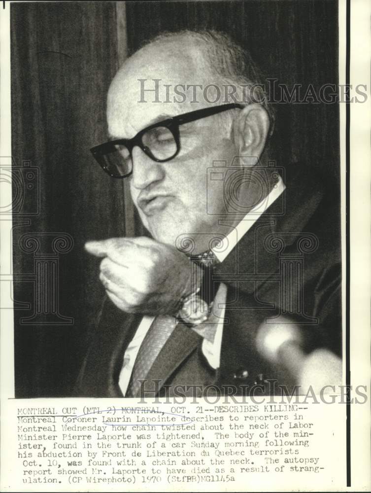 Load image into Gallery viewer, 1970 Press Photo Montreal Coroner Laurin Lapointe talks on Pierre Laporte Death
