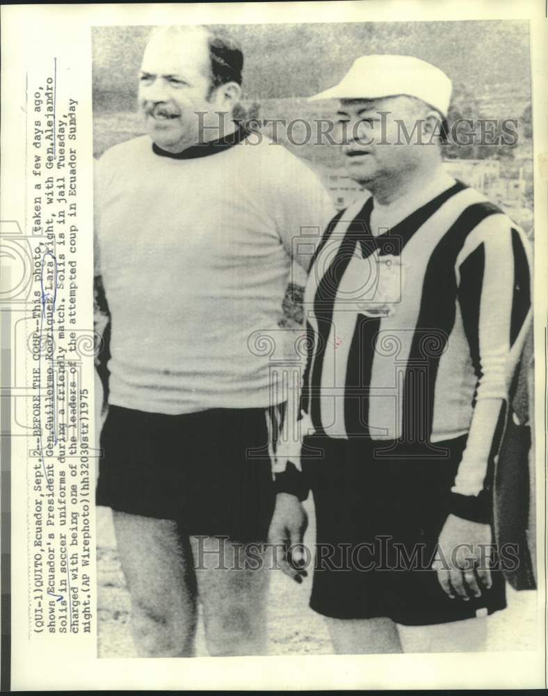 Load image into Gallery viewer, 1975 Press Photo Ecuador's President Lara and Solis in soccer uniforms
