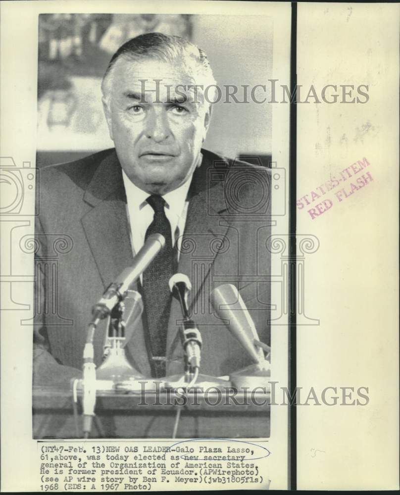 1967 Press Photo Galo Plaza Lasso, new OAS leader - now16378