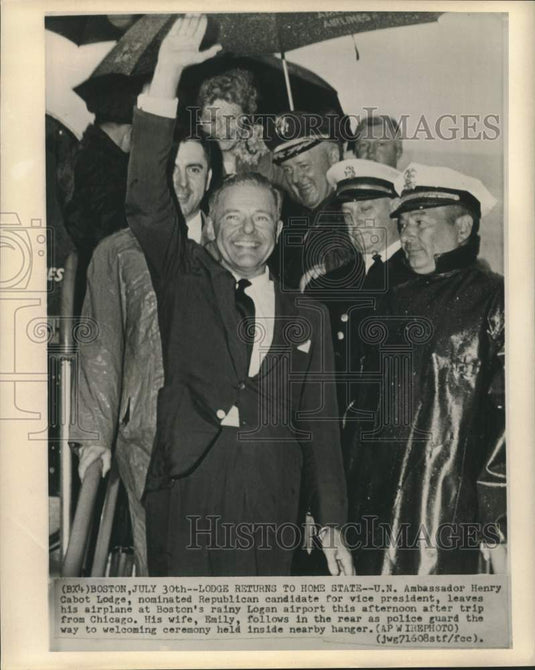 1960 Press Photo Ambassador Lodge and wife arrive in at Boston's Logan airport.