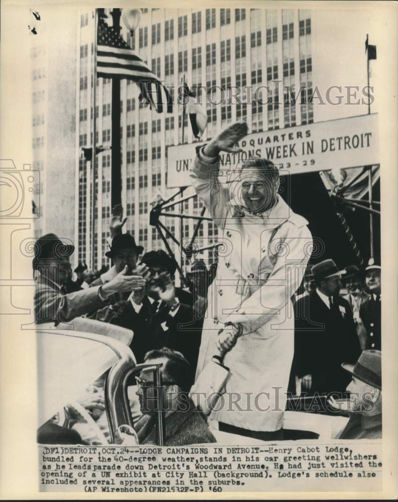 1960 Press Photo Henry Cabot Lodge campaigning in Detroit parade. - now16405