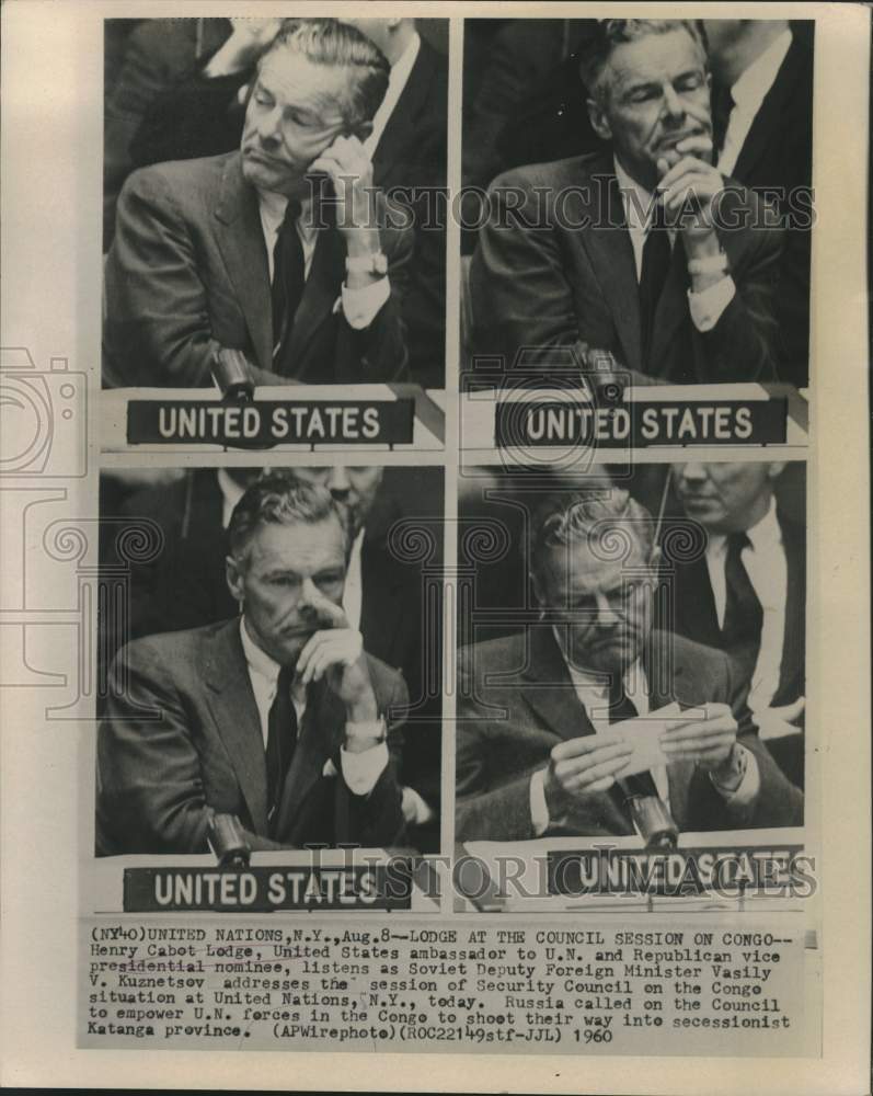Load image into Gallery viewer, 1960 Press Photo Henry Cabot Lodge listens at UN Security Council session
