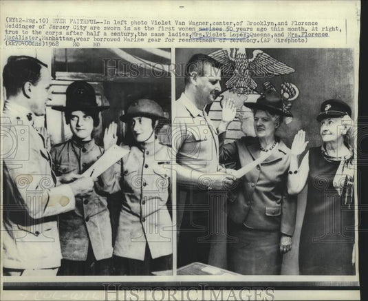 1968 Press Photo Violet Lopez and Florence MacAlister re-enact marine swearing