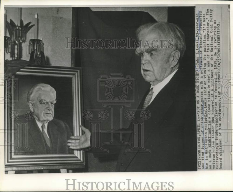 Load image into Gallery viewer, 1963 Press Photo John L. Lewis poses with portrait of himself in Washington
