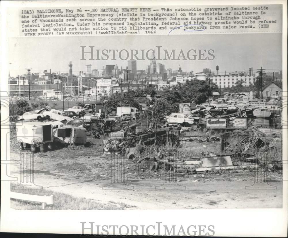1965 Press Photo Auto graveyard located beside Baltimore-Washington Expressway
