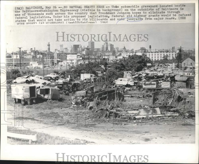 Load image into Gallery viewer, 1965 Press Photo Auto graveyard located beside Baltimore-Washington Expressway

