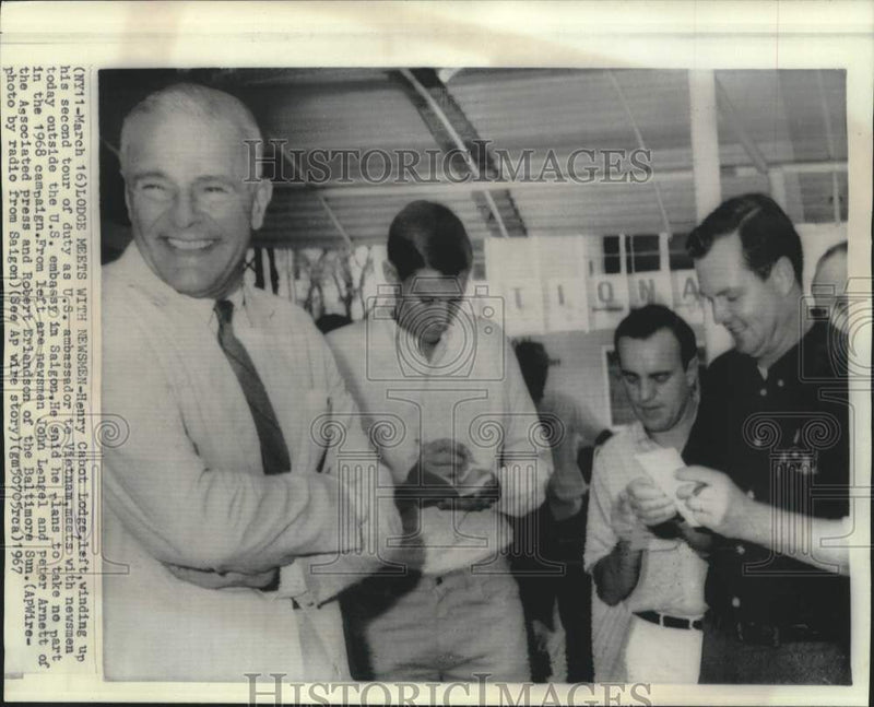 Load image into Gallery viewer, 1967 Press Photo Henry Cabot Lodge with newsmen at US Embassy in Saigon
