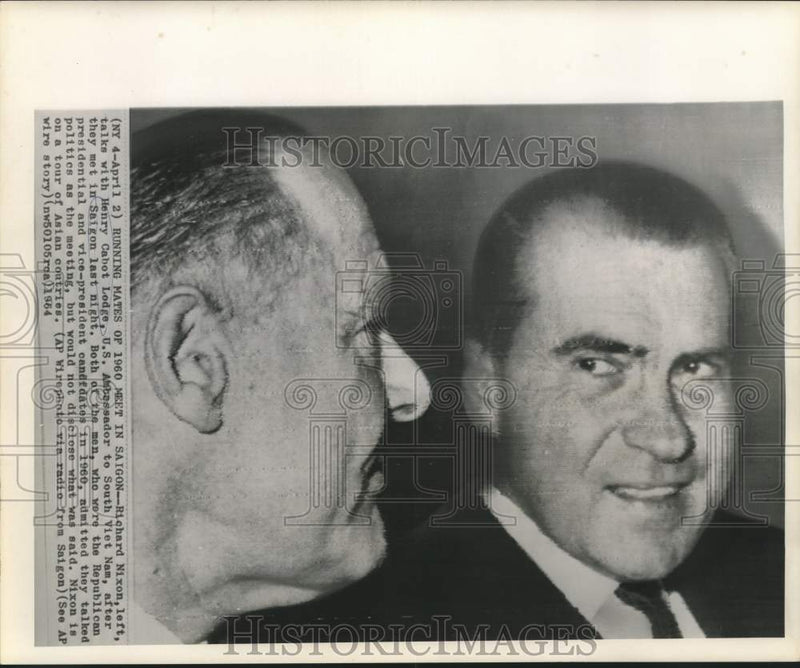 Load image into Gallery viewer, 1964 Press Photo Running mates of 1960, Nixon and Lodge, meet in Saigon

