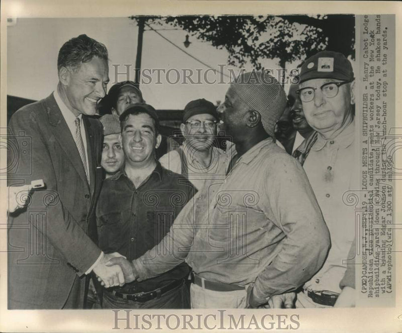 Load image into Gallery viewer, 1960 Press Photo Vice Presidential candidate Lodge greets Edgar Johnson
