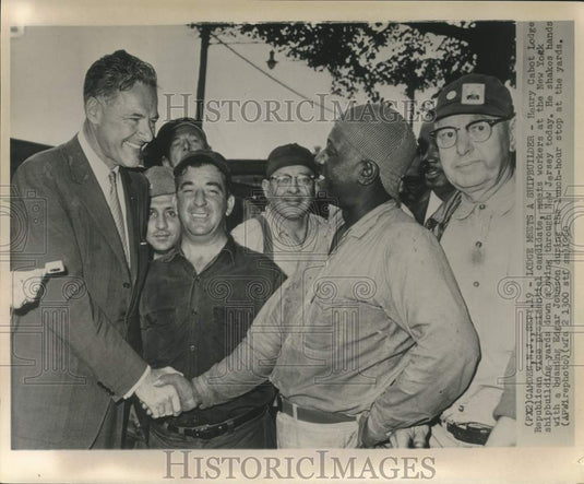 1960 Press Photo Vice Presidential candidate Lodge greets Edgar Johnson