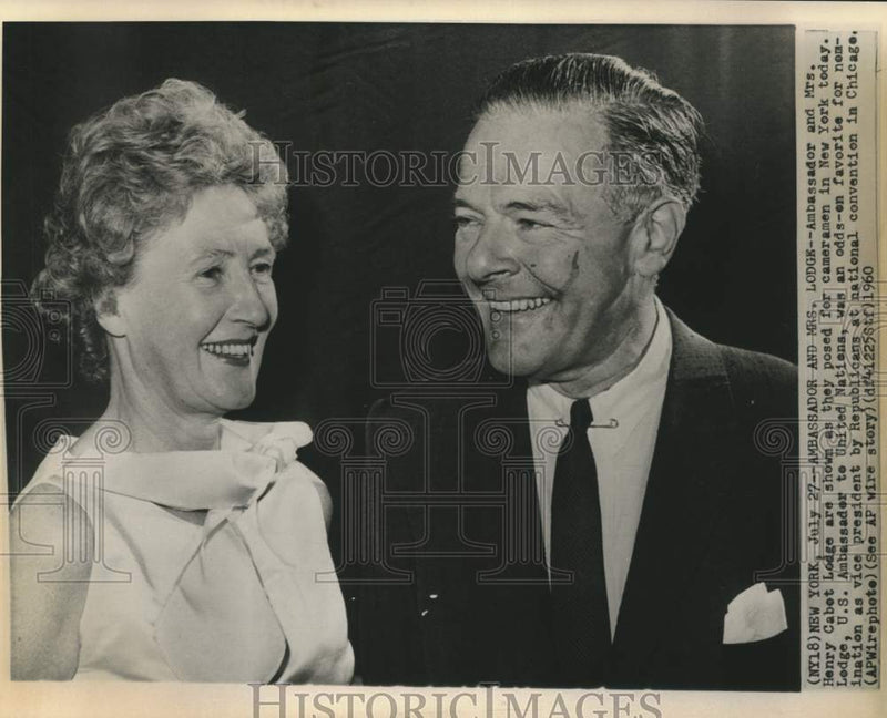 Load image into Gallery viewer, 1960 Press Photo Ambassador and Mrs. Henry Cabot Lodge pose for cameramen in NY
