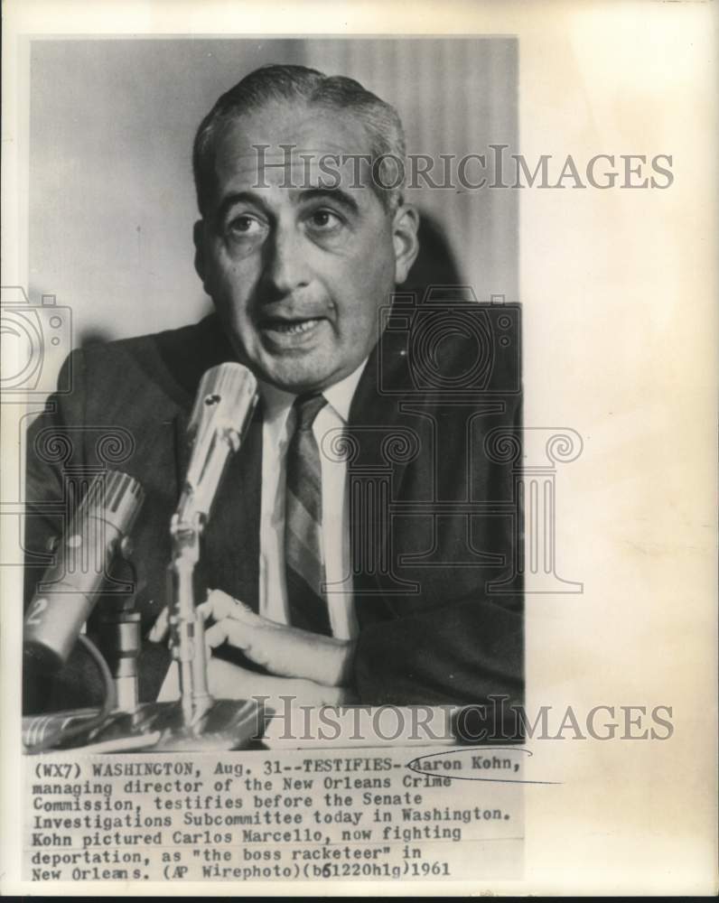Load image into Gallery viewer, 1961 Press Photo Aaron Kohn testifies before Senate Investigations Subcommittee
