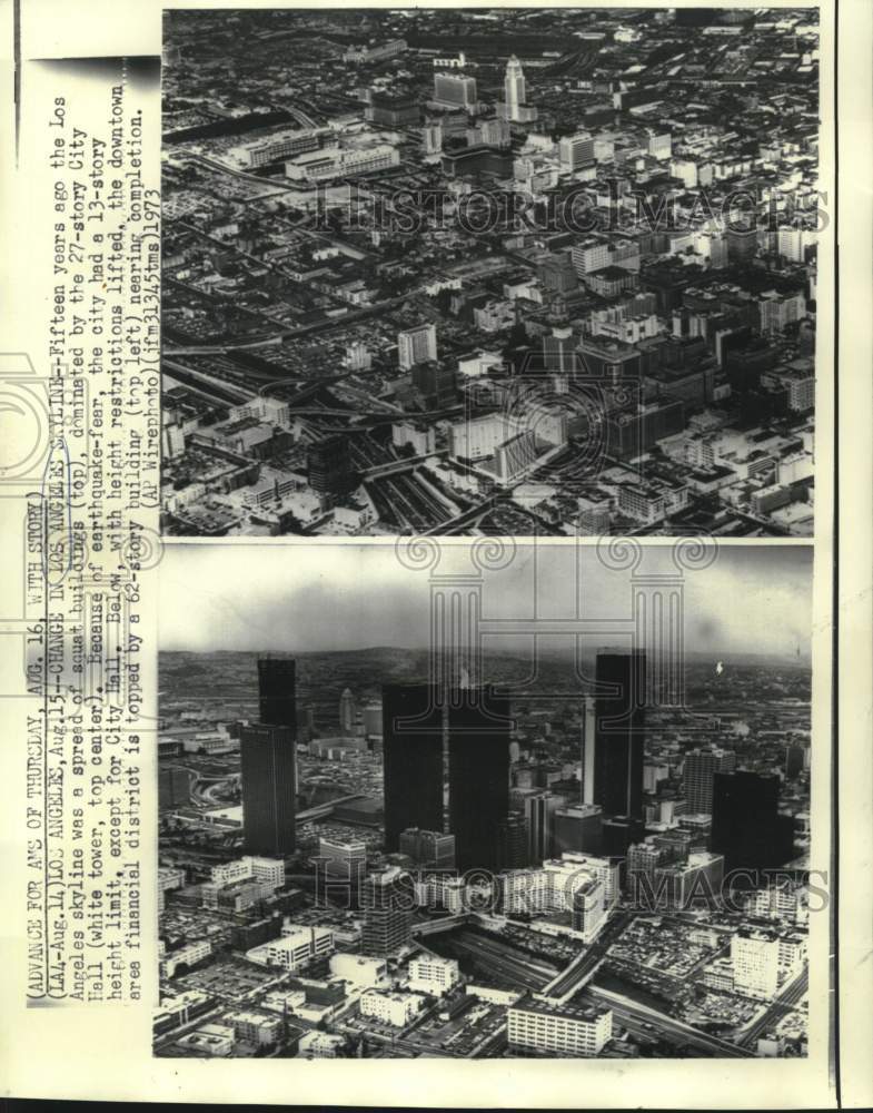 1973 Press Photo Los Angeles skyline with building height restrictions lifted