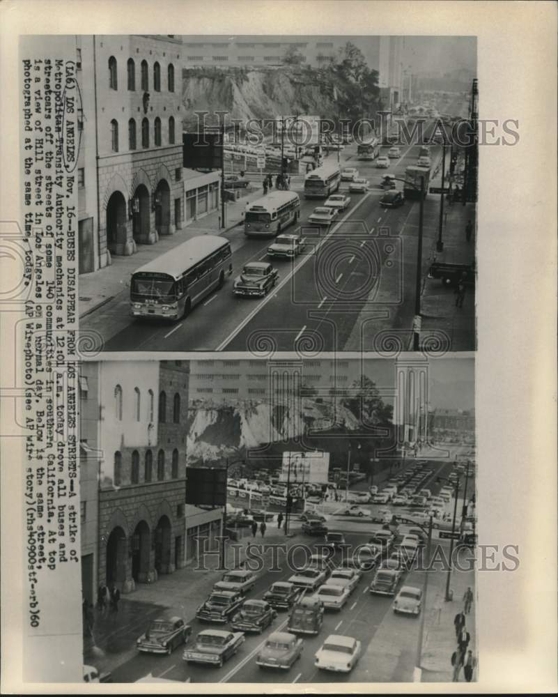 1960 Press Photo View of Los Angles streets before and after transit strike