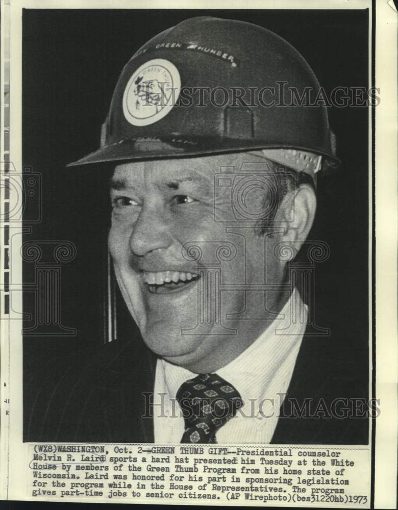 1973 Press Photo Presidential counselor Laird sports hard hat at White House