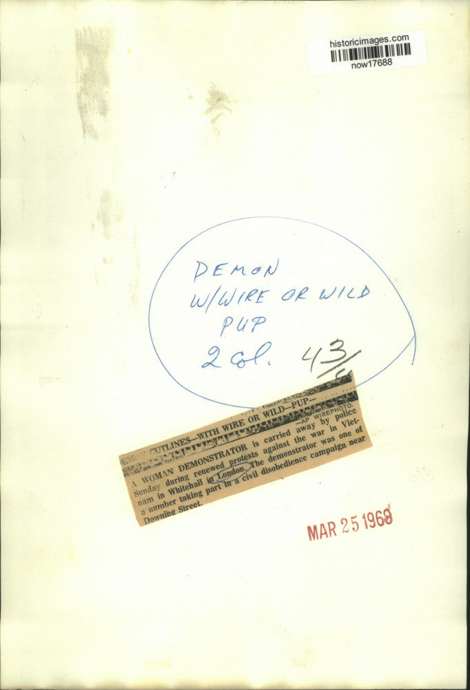 1968 Press Photo Vietnam War woman demonstrator carried away by police in London