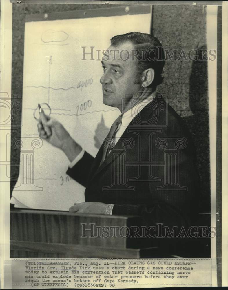 1970 Press Photo Florida Governor Claude Kirk uses chart at news conference