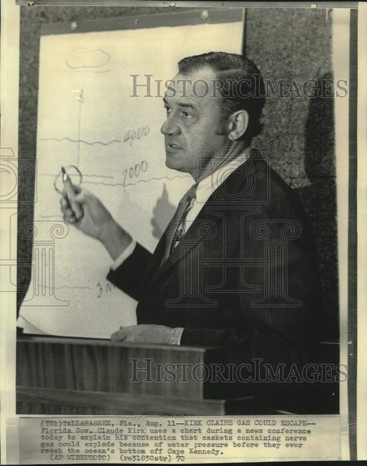 1970 Press Photo Florida Governor Claude Kirk uses chart at news conference