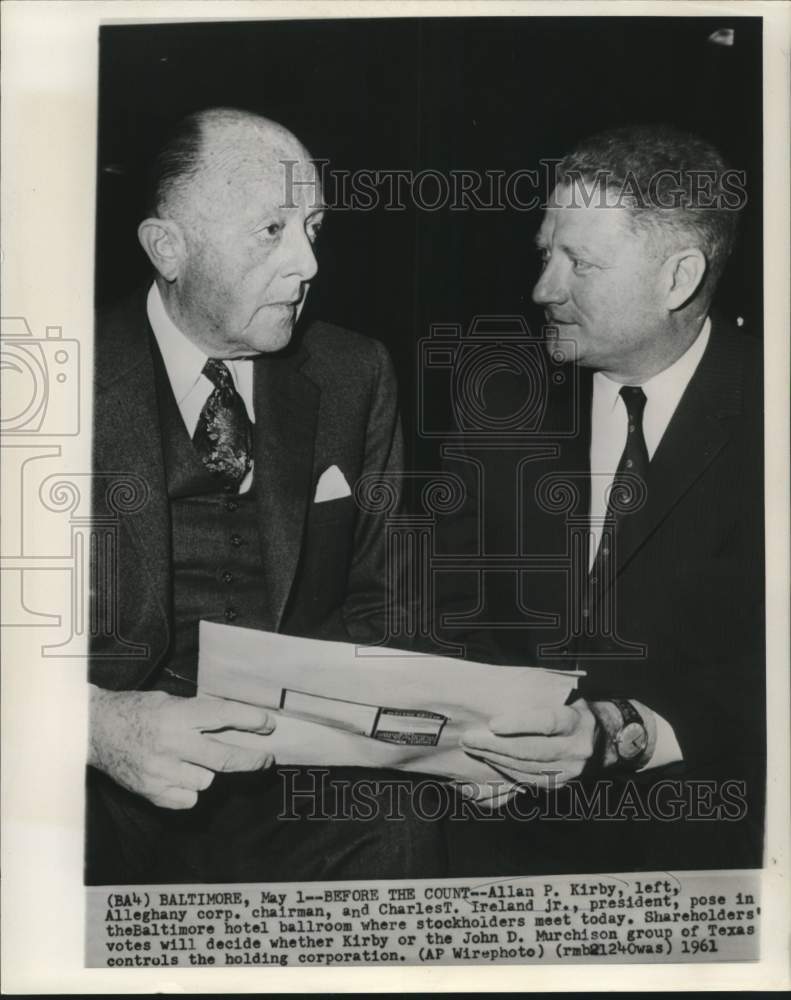 Load image into Gallery viewer, 1961 Press Photo Allan Kirby and Ireland at Alleghany stockholders' meeting
