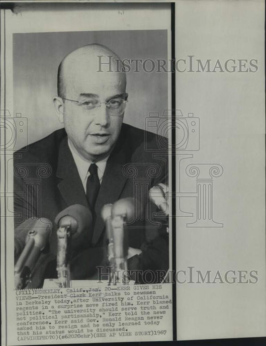 1967 Press Photo Clark Kerr, fired UCA President, at California news conference