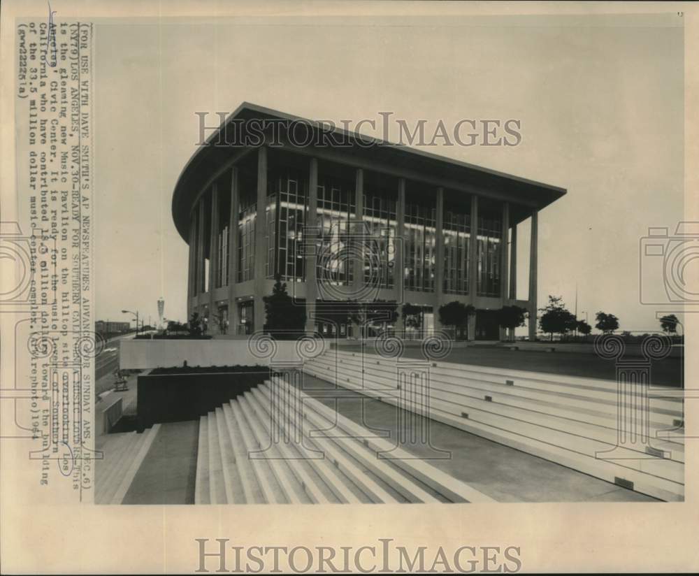 1964 Press Photo Los Angeles new Music Pavilion on hilltop site - now18256