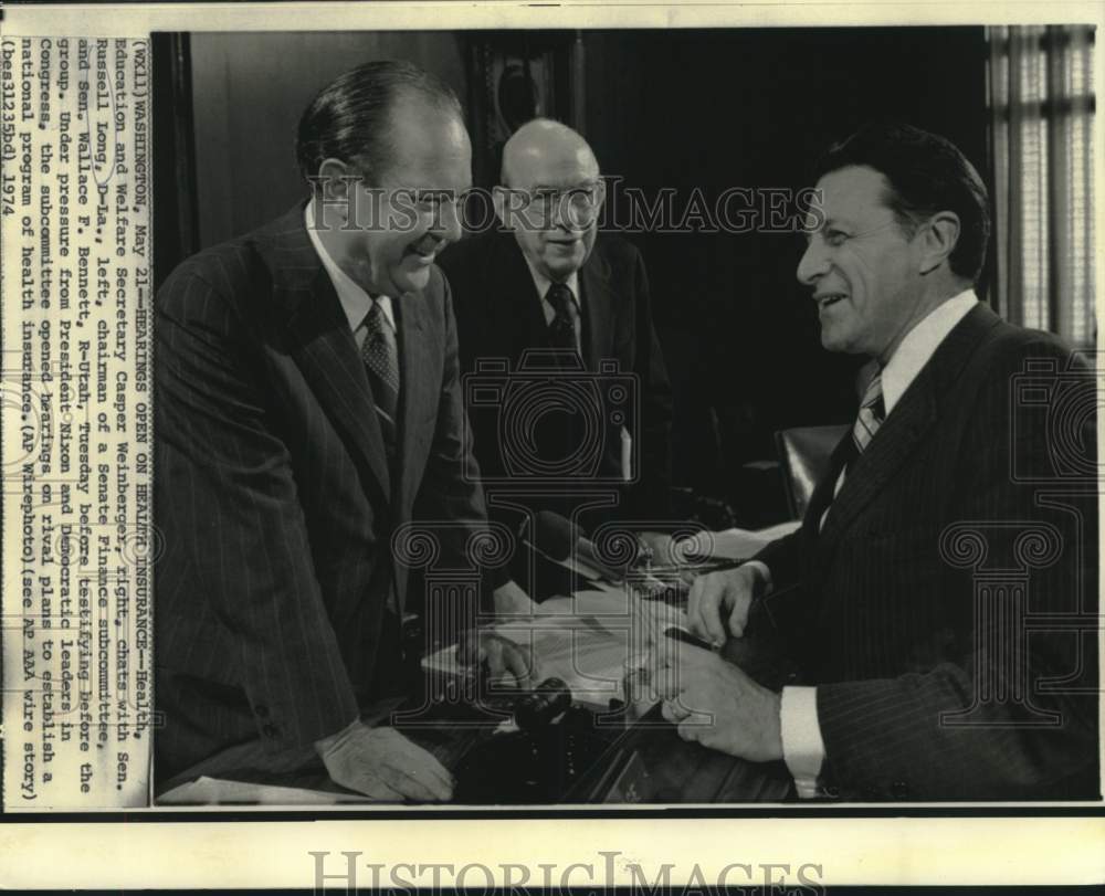 1974 Press Photo Senator Russell Long and others at health insurance hearings