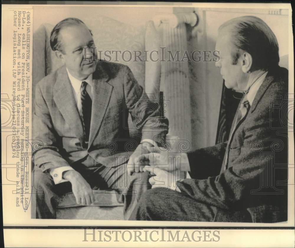 1974 Press Photo Senator Russell Long and President Ford meet at White House