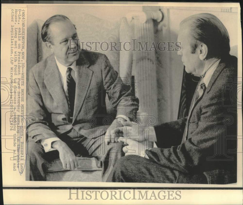 Load image into Gallery viewer, 1974 Press Photo Senator Russell Long and President Ford meet at White House
