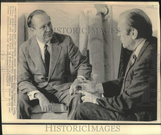 1974 Press Photo Senator Russell Long and President Ford meet at White House