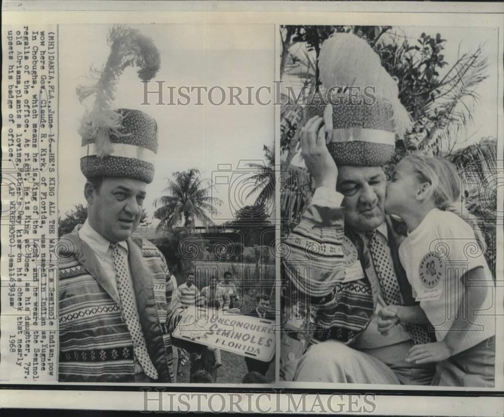 1968 Press Photo FL Gov. Claude Kirk &amp; daugther at Seminole gathering, Florida
