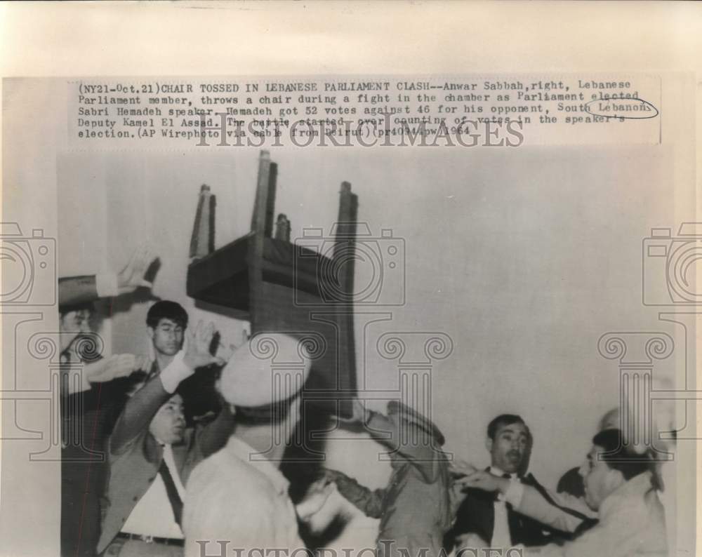1964 Press Photo Anwar Sabbah throws chair in fight in Parliament, Lebanon