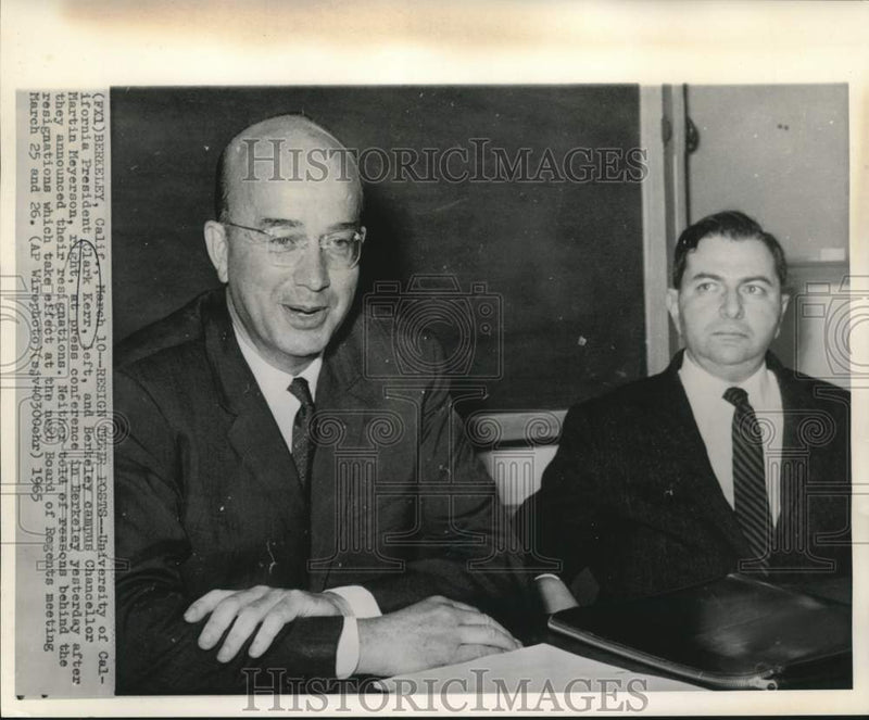Load image into Gallery viewer, 1965 Press Photo UCA President Clark Kerr and Berkeley's Meyerson both resign
