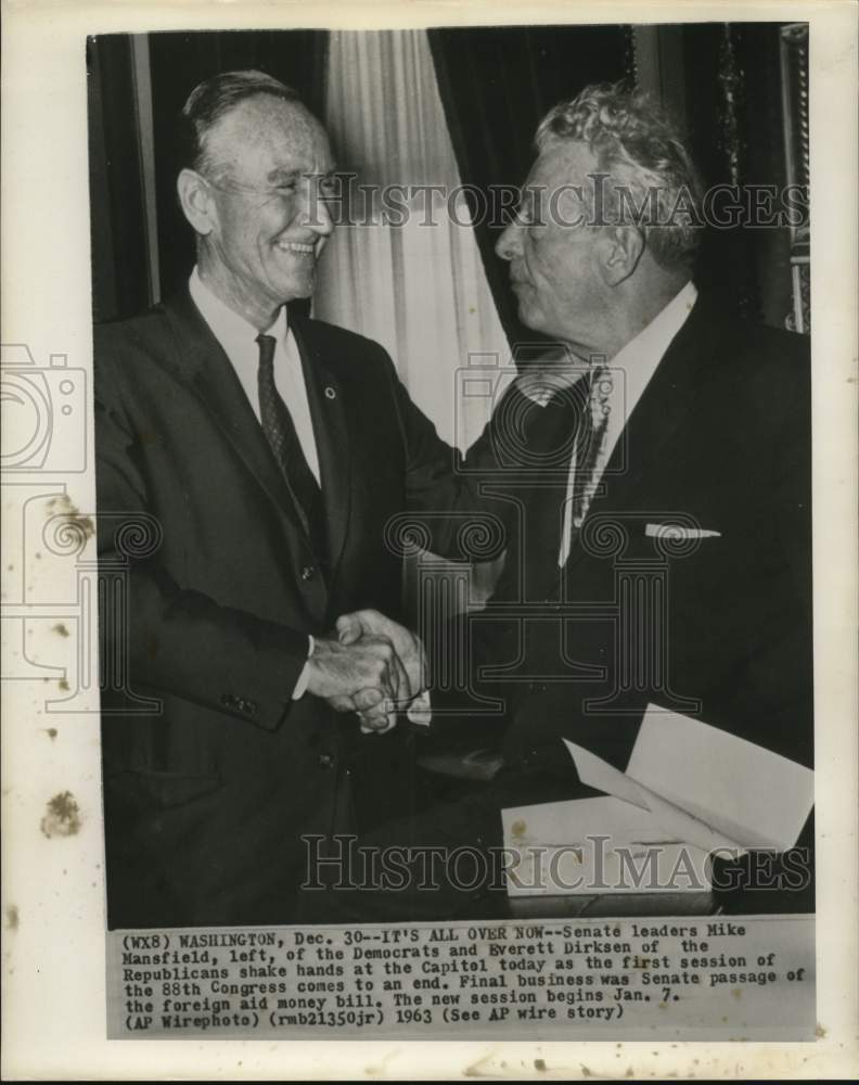 Load image into Gallery viewer, 1963 Press Photo Mike Mansfield and Everett Dirksen shake hands at Capitol
