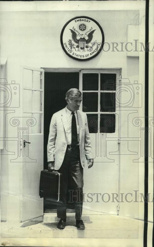 1970 Press Photo John Louis Loughran leaves US Embassy in Bathurst, The Gambia.