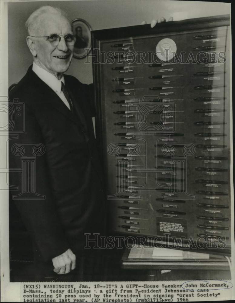 1966 Press Photo House Speaker John McCormick displays gift of pens from Johnson