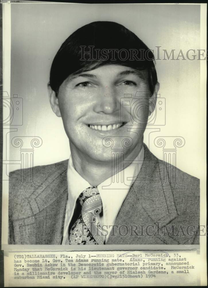 1971 Press Photo Burl McCormick Lt. Governor running mate of Tom Adams in FL