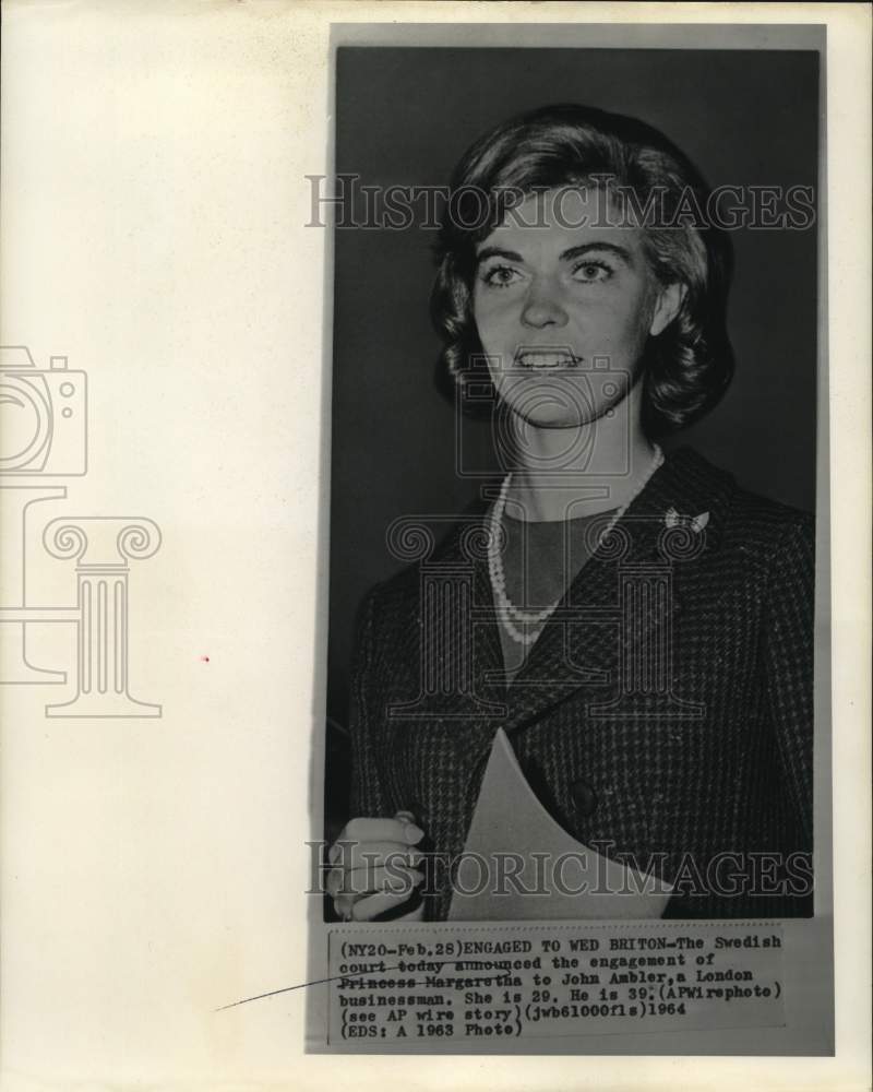 1964 Press Photo Princess Margaretha of Sweden, portrait, re: engagement