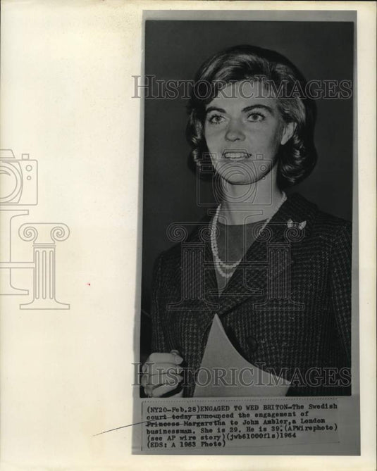 1964 Press Photo Princess Margaretha of Sweden, portrait, re: engagement