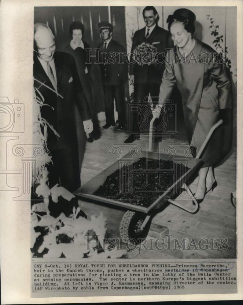 1965 Press Photo Danish Princess Margarethe with wheelbarrow of dirt, Denmark