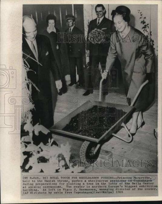 1965 Press Photo Danish Princess Margarethe with wheelbarrow of dirt, Denmark