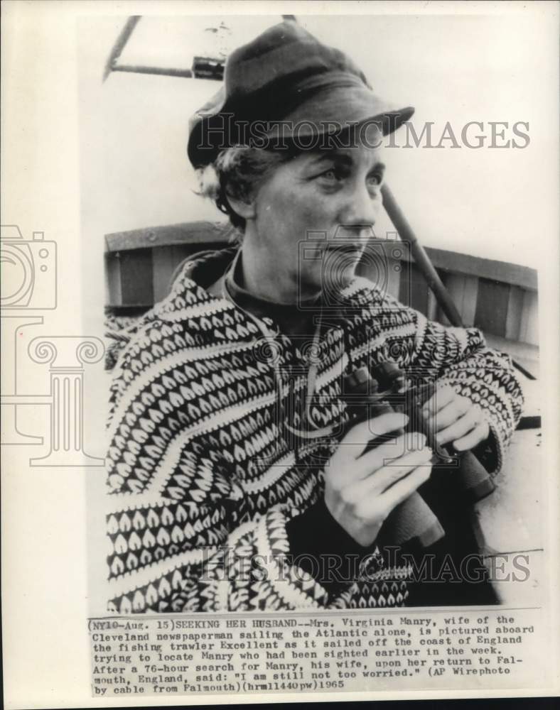 1965 Press Photo Virginia Manry aboard trawler searches Atlantic for husband