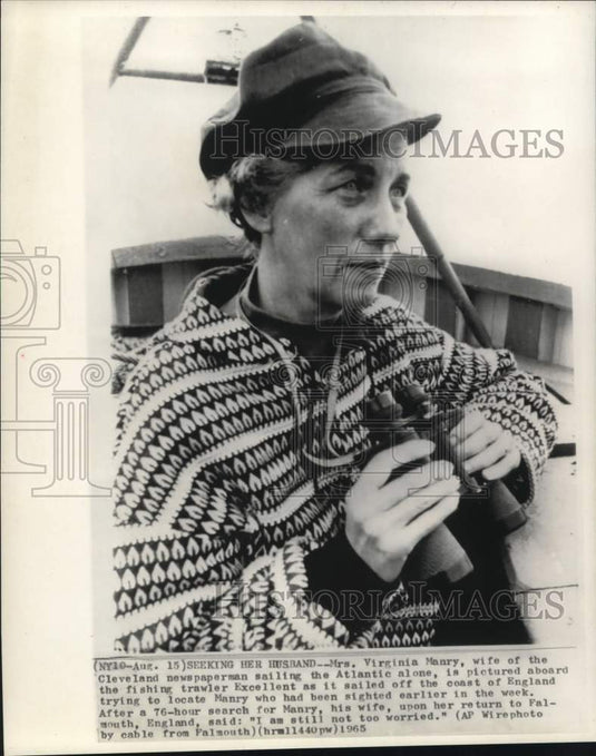 1965 Press Photo Virginia Manry aboard trawler searches Atlantic for husband