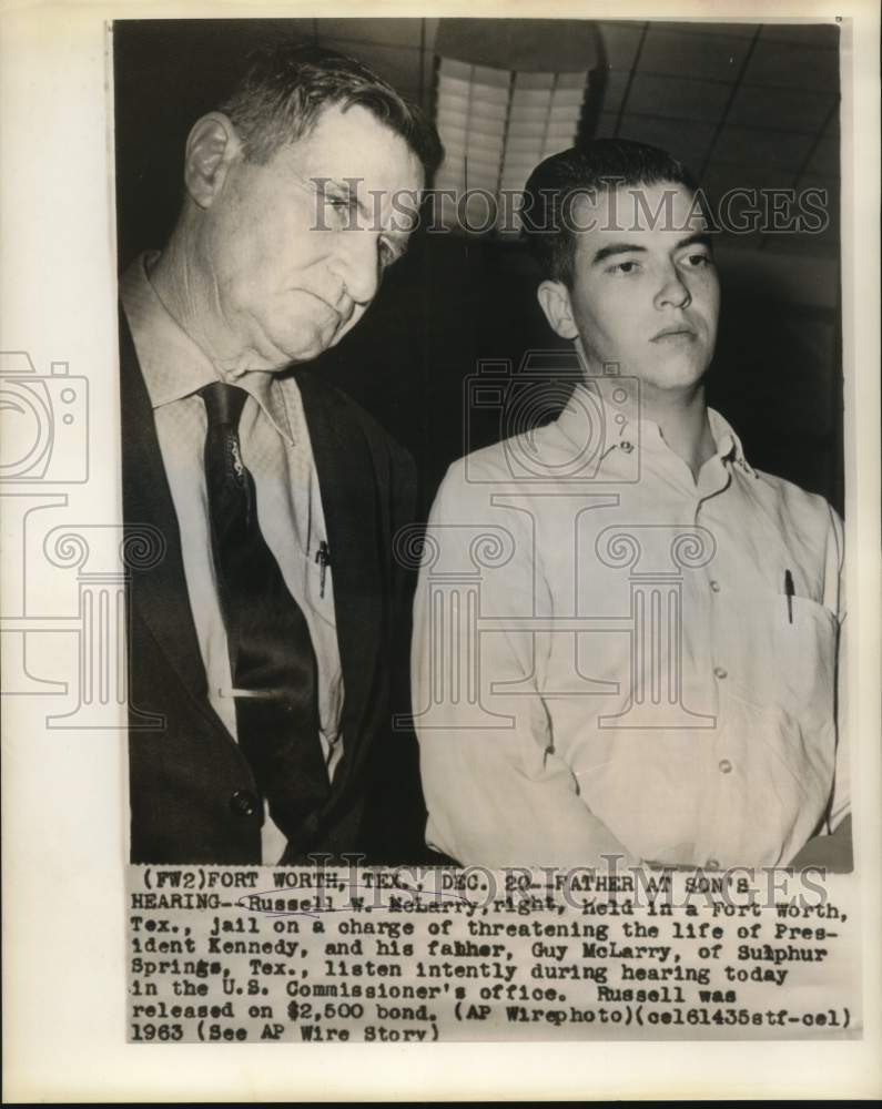 1963 Press Photo Russel &amp; Guy McLarry, hearing for threatening Pres. Kennedy, TX