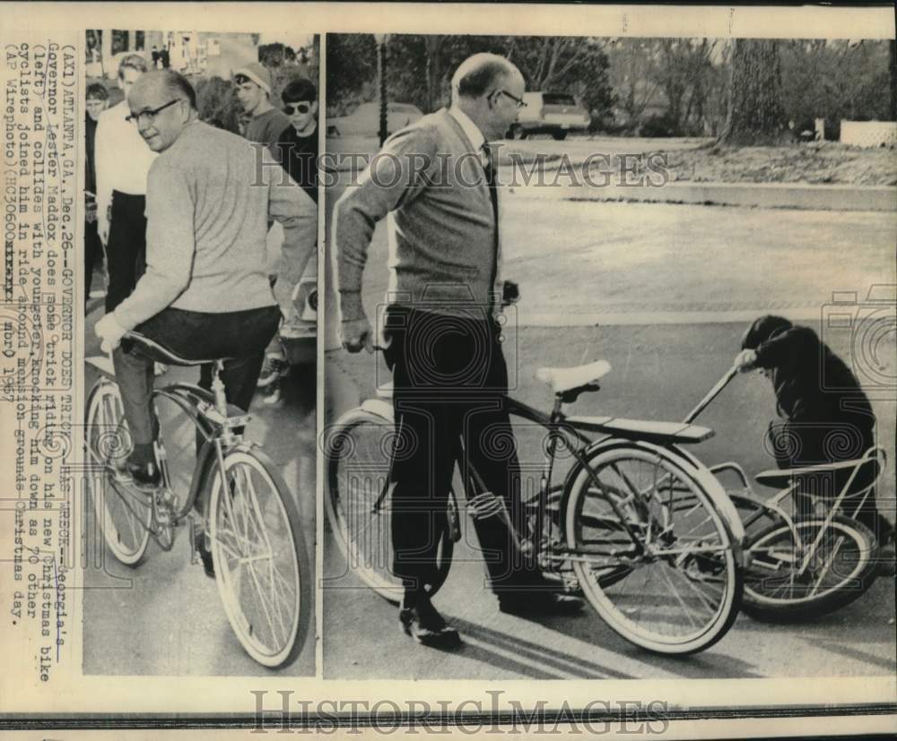 1967 Press Photo Governor Maddox does trick riding and collides with yougster.